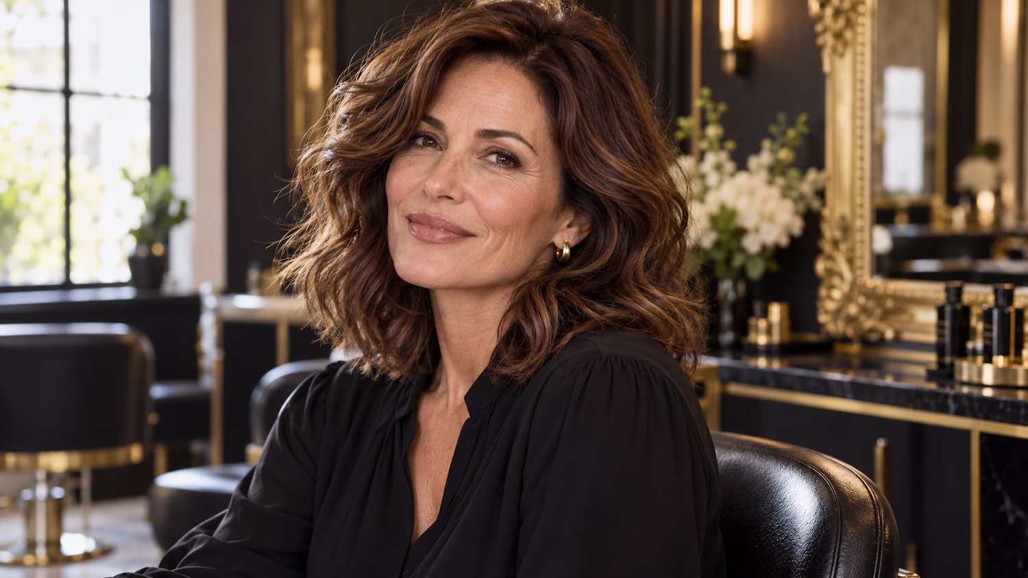 Smiling woman with voluminous wavy brunette hair in a luxury salon chair