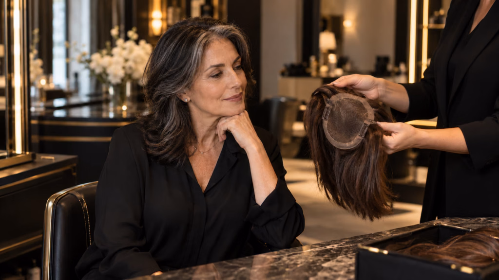 Consultant showing a client a hair topper during a hair thinning consultation
