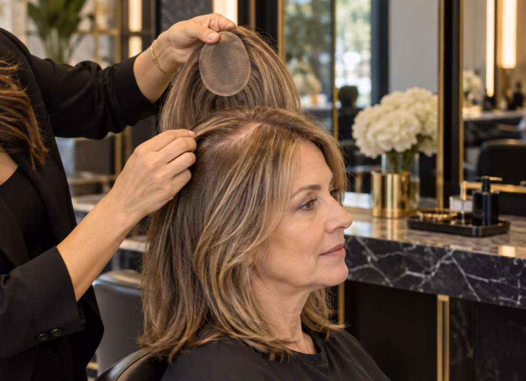 Stylist fitting a hair topper on a client’s crown in the salon